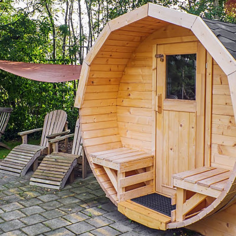 round wooden, outdoor sauna